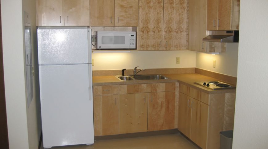 Light wooden paneled cabinetry corner kitchenette with white fridge and overhead microwave to the left side and tabletop two-burner stove to the right.