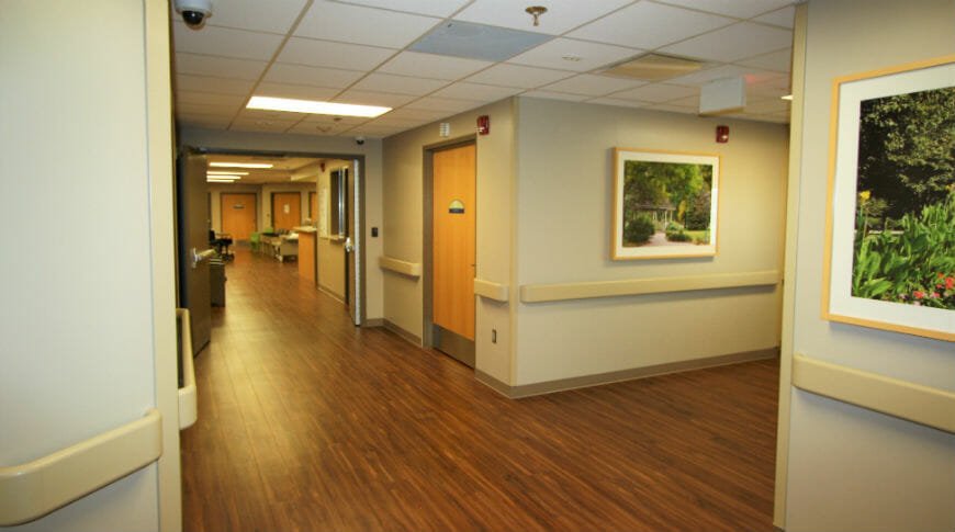 Interior corridor view of rich brown and red vinyl flooring with beige painted hallways and beige rails running on each side interspersed with images of green nature.
