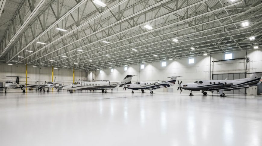 Light and bright private jet hangar with five private jets to the back and white flooring and ceiling and walls throughout.