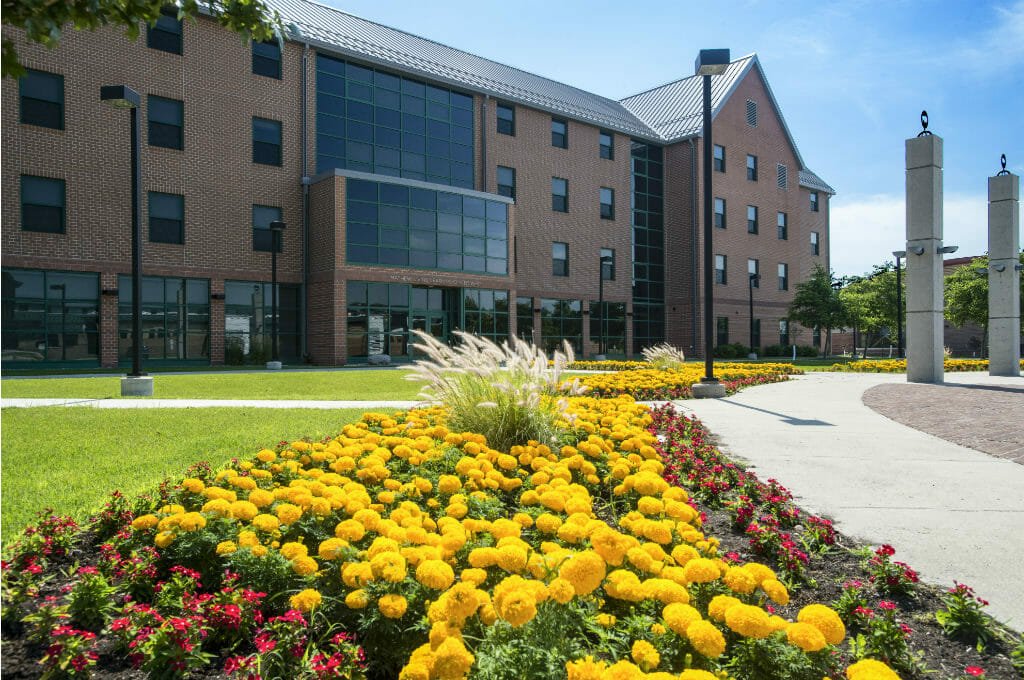 Exterior view of four-story brown brick learning-living college center with grassy knoll in front and concrete pathways bordered with bright yellow marigold and other flowers.