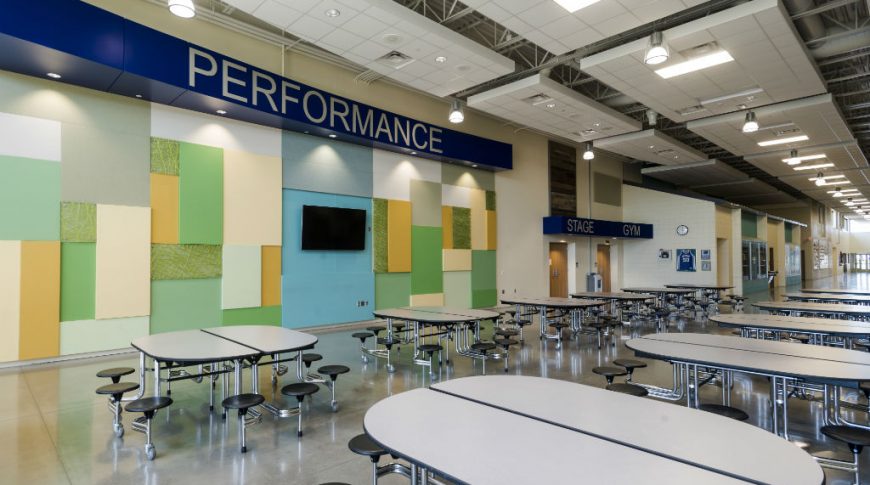 Long cafeteria hallway with bright pastel green, mustard, and blue paneling on the back wall with the word "PERFORMANCE" in large vinyl words overhead. Oval shaped folding tables throughout the center.