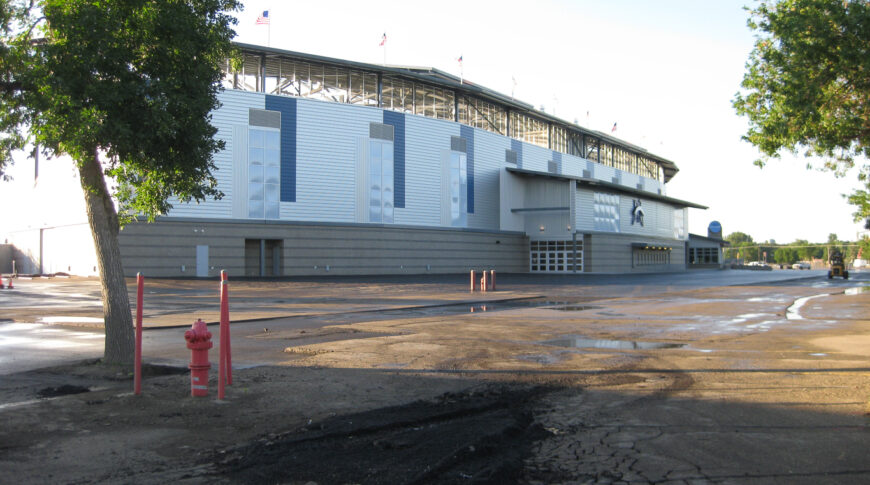 Exterior parking lot view of entrance to ND State Fair Grandstands.