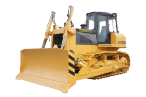 Yellow bulldozer from the front looking towards an empty cab with no background.
