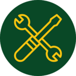 Green circle with yellow screwdriver and wrench crisscrossed icon in the foreground.