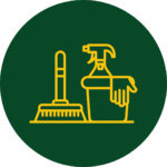 Green circle icon with yellow broom, bucket, glove, and spray signifying our remediation and cleaning services.