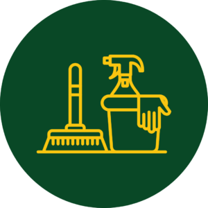 Green circle icon with yellow broom, bucket, glove, and spray signifying our remediation and cleaning services.